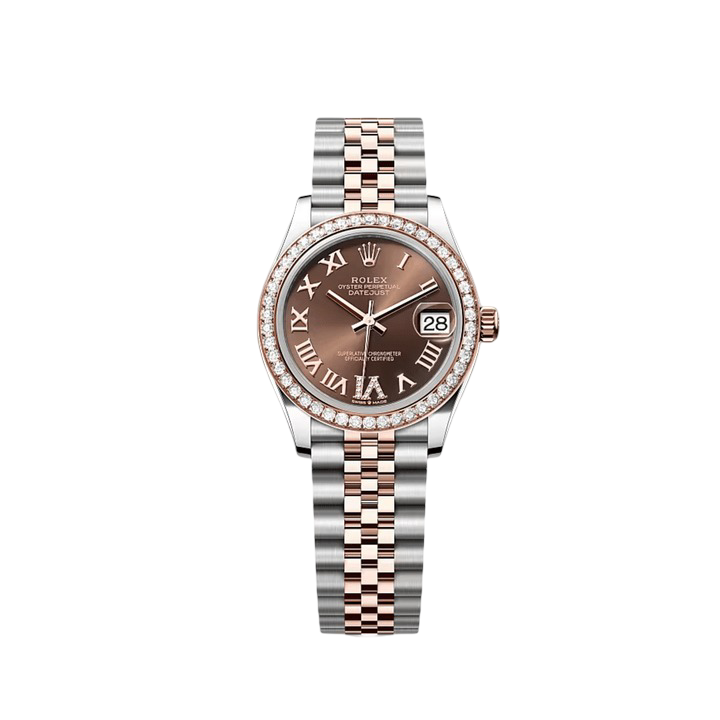 Rolex Datejust 31 278381RBR 'Ladies' Stainless Steel Rose Gold Brown Roman Numerals Diamond Dial Diamond Bezel Jubilee
