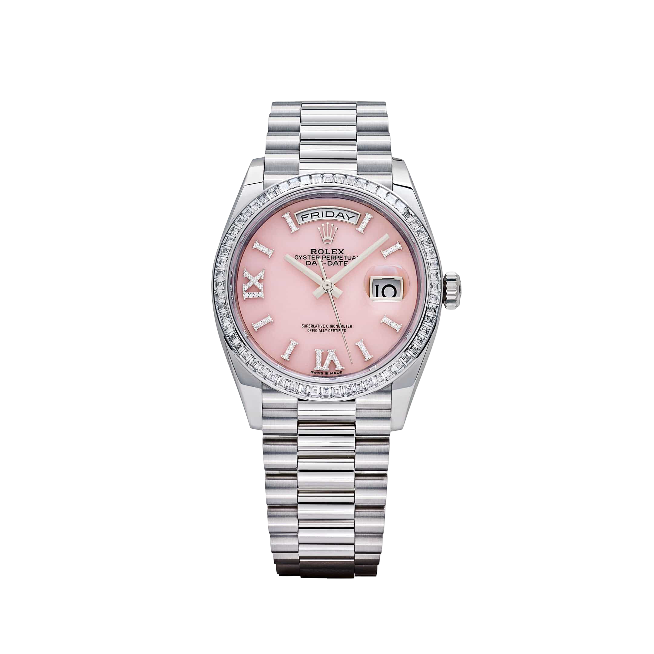 Rolex Day-Date 36 128396TBR Platinum Pink Opal Diamond Roman Numerals Dial Diamond Bezel