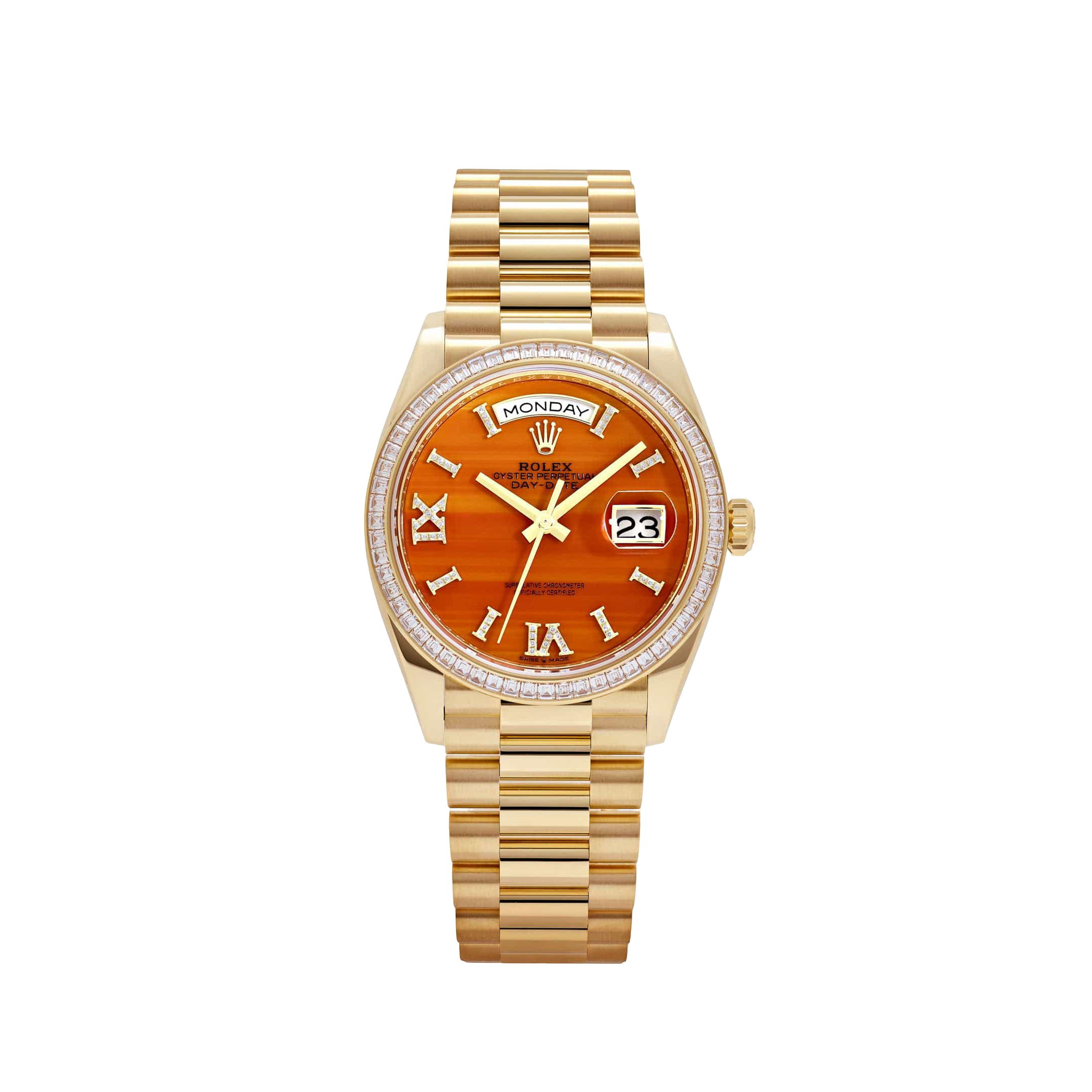 Rolex Day-Date 36 128398TBR Yellow Gold Carnelian Diamond Roman Numerals Dial Diamond Bezel