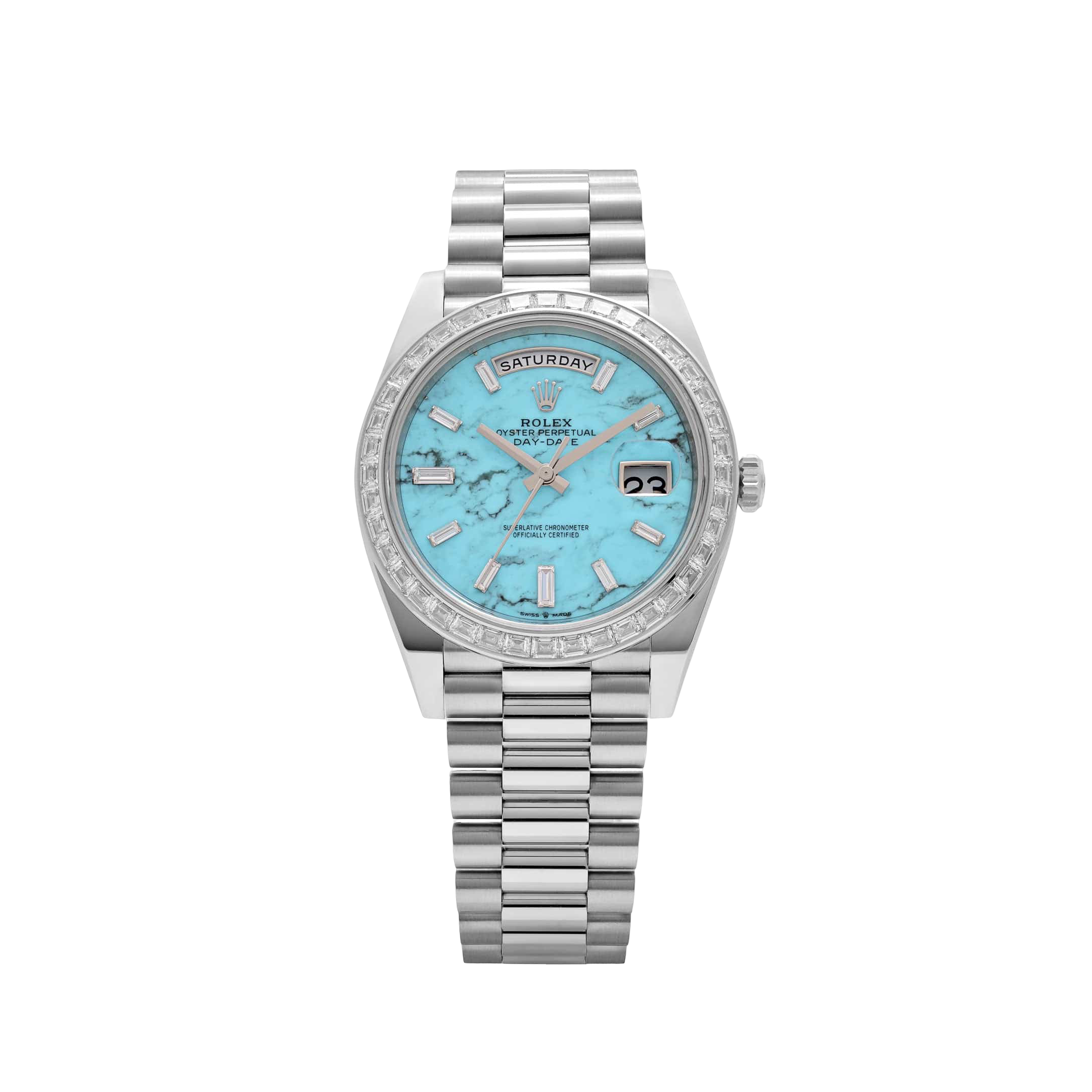 Rolex Day-Date 40 228396TBR Platinum Turquoise Stone Diamond Dial Diamond Bezel